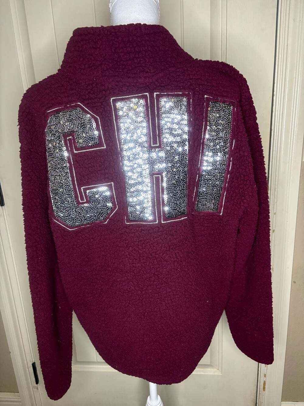 Victoria's Secret Pink Sherpa Pullover CHI Size L Burgundy Sequin